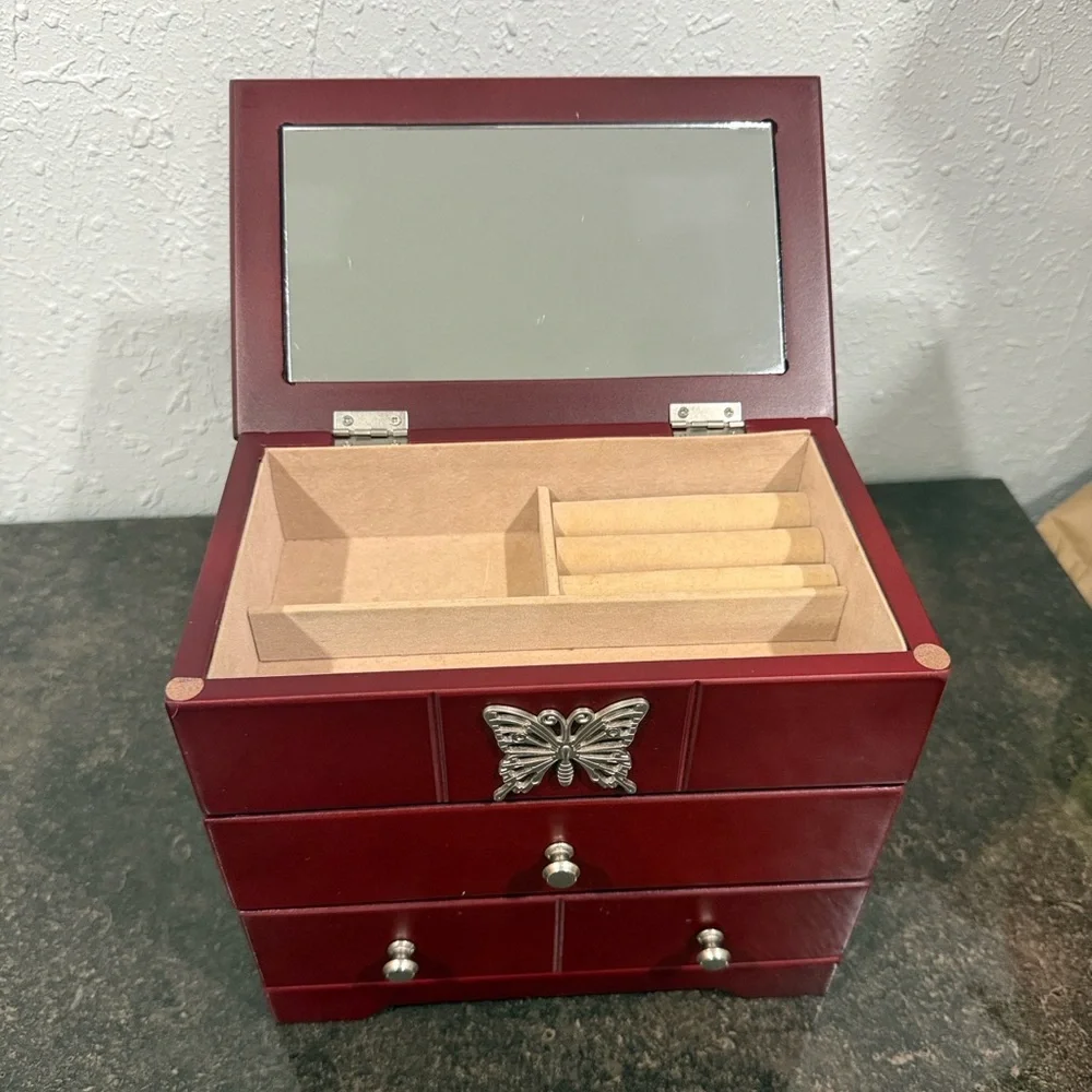 Vintage Red Jewelry Box with Butterfly Accent‎